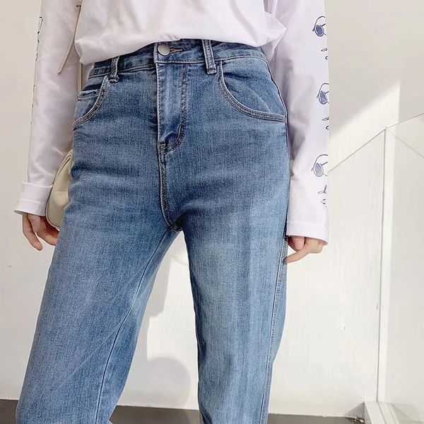 

women's jeans selling style in europe and the wind of tall waist elastic cultivate morality show thin cowboy pants radish, Blue