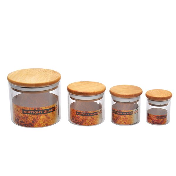 Quatro diferentes tamanhos de vidro escash frasco com contêiner de armazenamento de armazenamento de erva de bambu portátil Tabaco Stash garrafa de especiaria