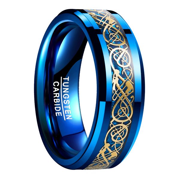 

8mm wide 2.3 thick middle gold wire with longteng pattern electroplated blue tungsten steel ring 5-14 with half a yard, Golden;silver