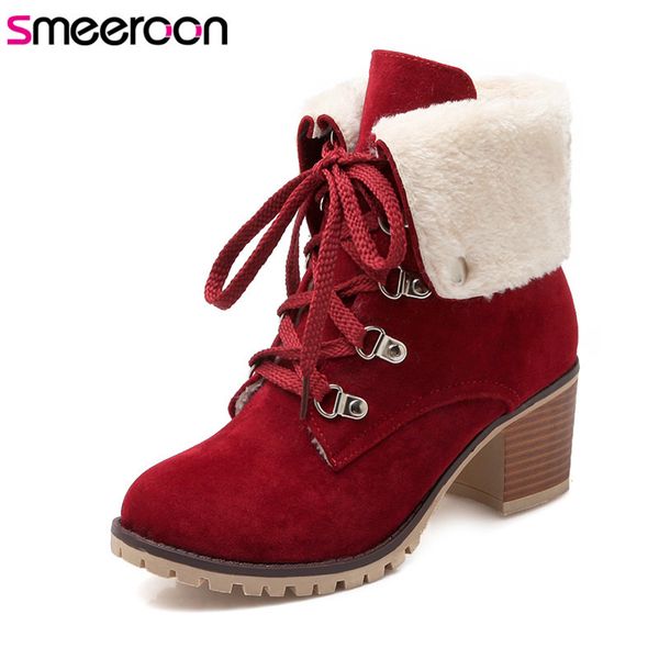 

boots smeeroon arrival 2021 winter women's warm snow lace up shoes round toe high heels wholesale female ankle, Black
