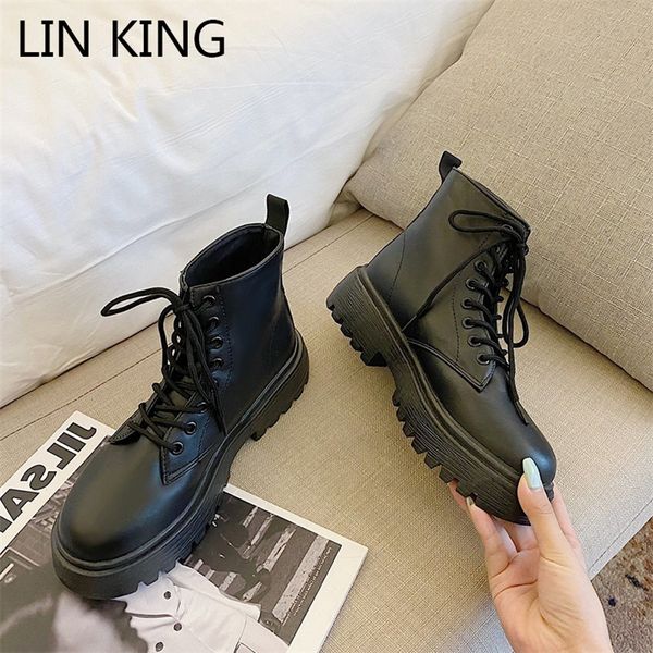 

lin king new spring autumn shoes women ankle boots vintage lace up round toe black motorcycle boots woman chunky platform shoes