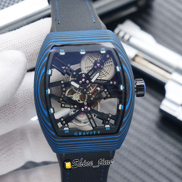 

new 44mm cs-03.sqt miyota automatic mechanical mens watch skeleton dial blue texture carbon fiber case rubber strap sport watches shine_time, Slivery;brown