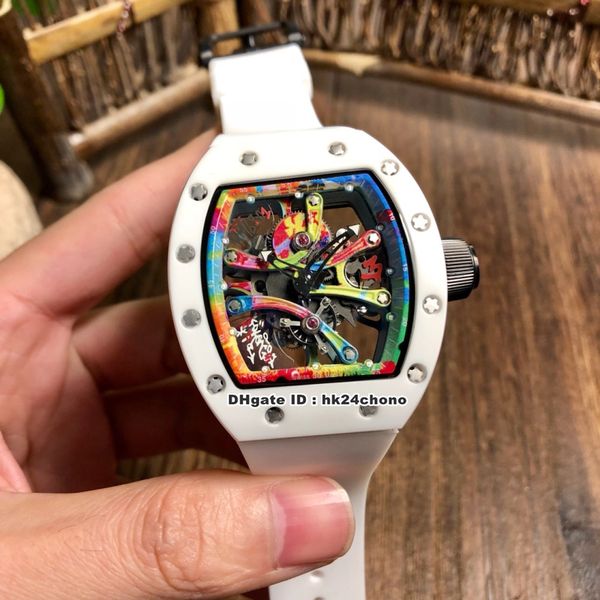 

10 style luxury rm68-01 cyril kongo tpz ceramic miyota automatic mens watch sapphire graffiti skeleton dial white rubber strap gents watches, Slivery;brown