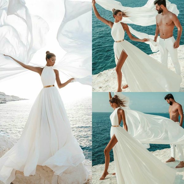 

bohemian chiffon wedding dresses high collar side split backless bridal gowns simple style sweep train a line wedding dress, White