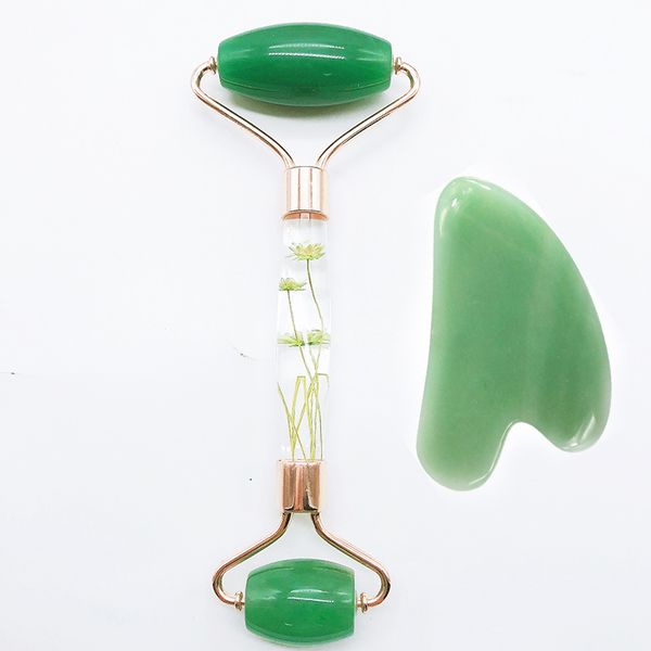 

100% natural acrylic handle massager dongling jade roller and guasha board 2-in-1 jade facial massage tool for beauty
