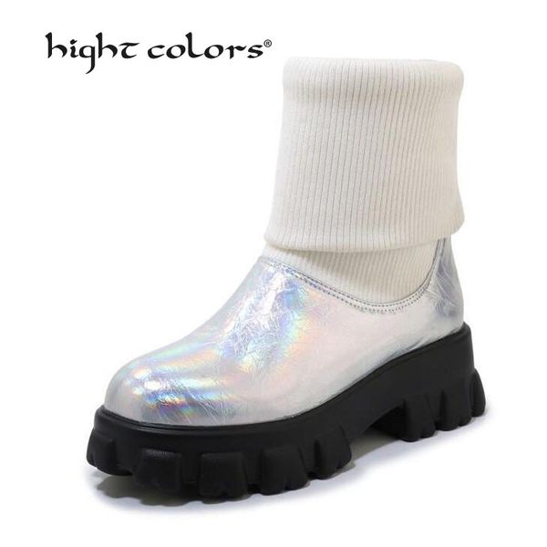 

32~46) new spring and autumn knitting women socks boots 2020 platform female boots rubber flat slip-on dxm-121, Black