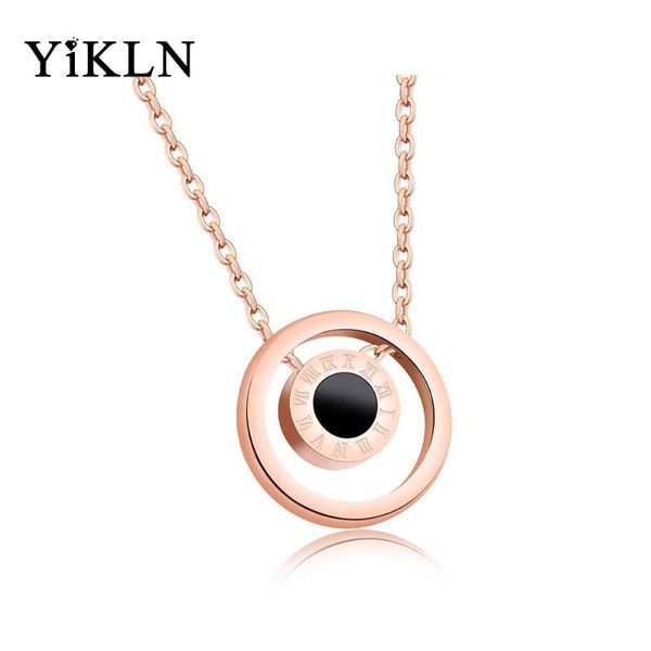 

yikln classic titanium steel roman numerals double sided black & white shells circle rose gold color pendants necklaces yn17072, Silver