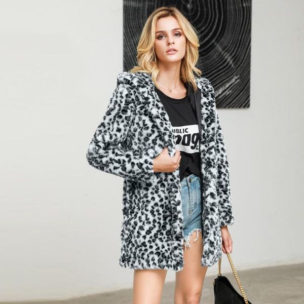 

women leopard faux fur outwear loose hooded pocket coat fashion winter warm cardigan female outwear print 2020 clothes s~3xl, Black