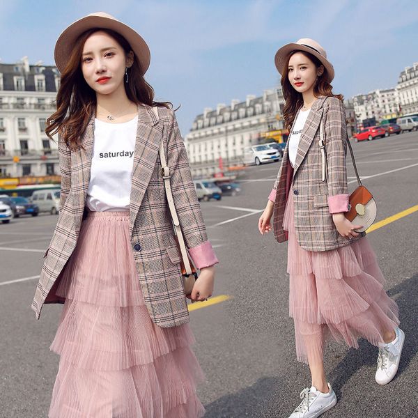 

sitruuna vintage single button plaid women blazer spring summer pockets jackets female retro suits coat work outerwear blaaer, White;black