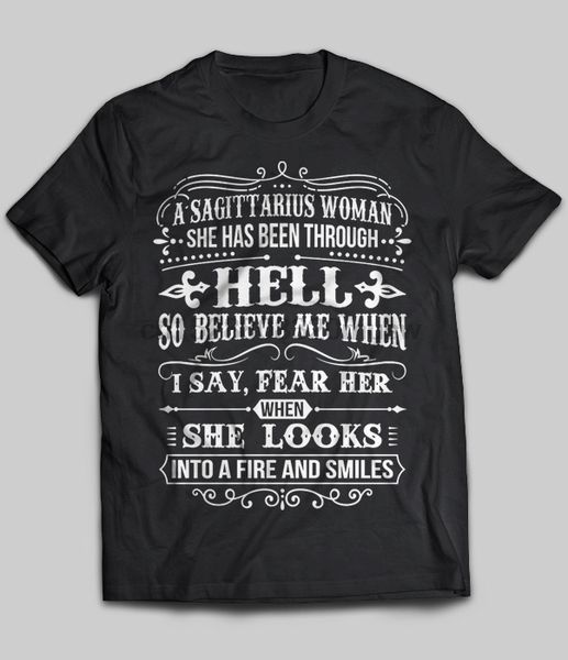 

brand a sagittarius woman she has been through hell t-shirt men short sleeve t-shirt