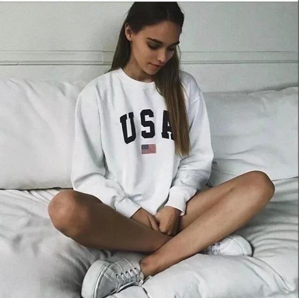 

womens hoodies usa long sleeve o neck hoodie letter printed sweatshirt jumper pullover autumn winter femme loose coat, Black
