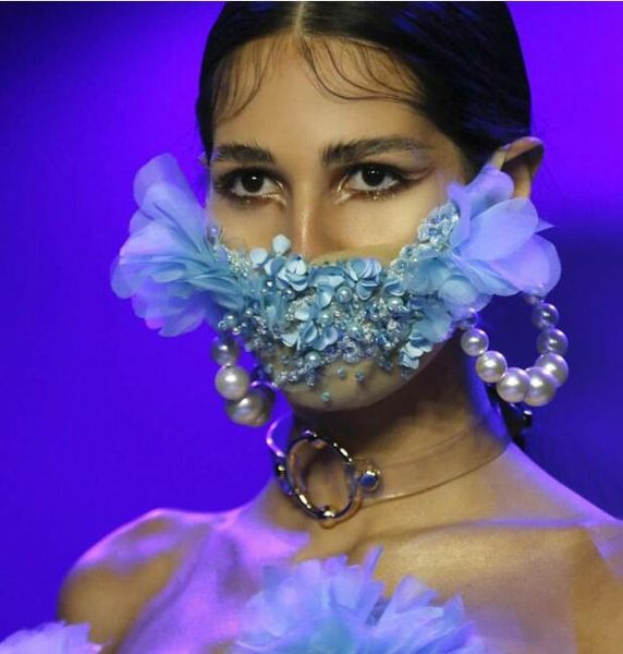 

mask evening dress yousef aljasmi kendal jenner women mask with flower pearls, Black;pink