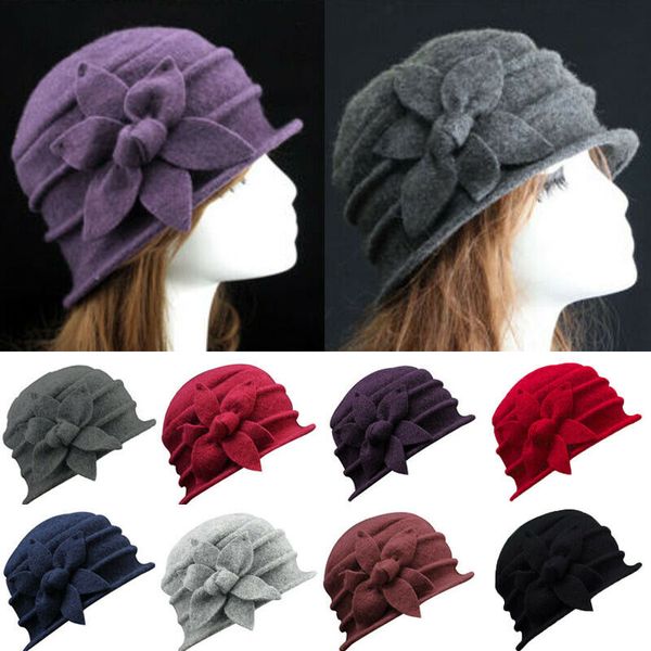 

2020 warm women's ladies winter cap elegant wool flower hat winter vintage cloche bucket cap hats for women elegant gorros mujer, Blue;gray