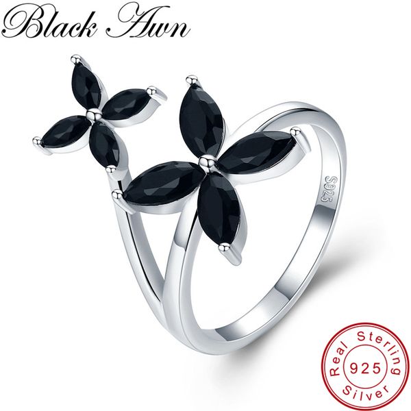 

cluster rings [black awn] 100% real 925 sterling silver ring black spinel flower elegant wedding for women jewelry g032, Golden;silver