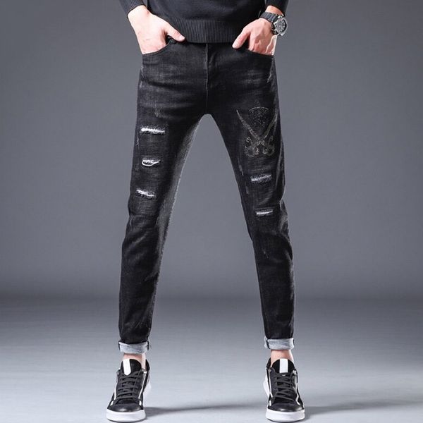 

pp original embroidery bags skull european version leisure slim elastic straight leg leather hole jeans fashion men's pants, Blue