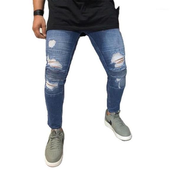 

s clothing mens jeans fashionr hole panelled pencil pants casual natural color zipper fly capris jeans men, Blue