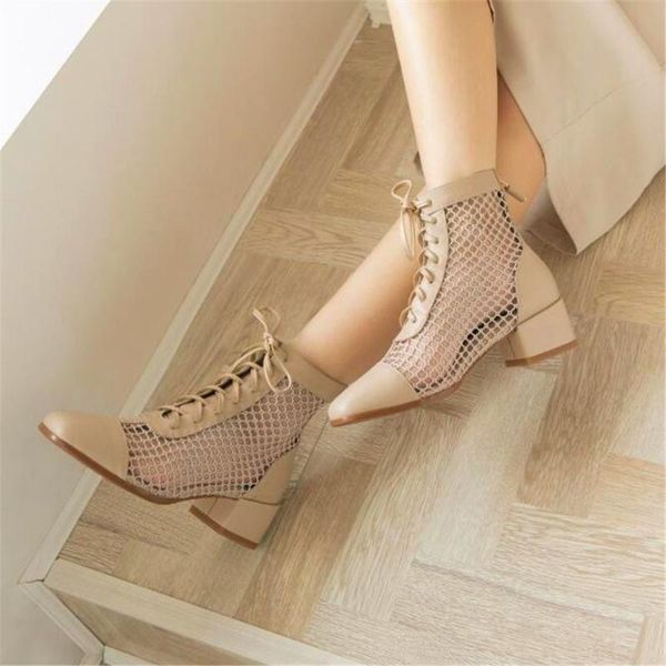 

square head lace-up high-heeled boots with metal buckle decorative mesh gauze thick-heeled high-heeled boots summer women, Black