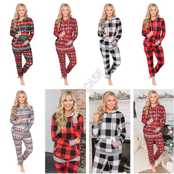 

зима рождество плед печать с капюшоном drawstring большой карманной толстовка брюки set женщины мода одежда sleep lounge 5color продажа bout, White