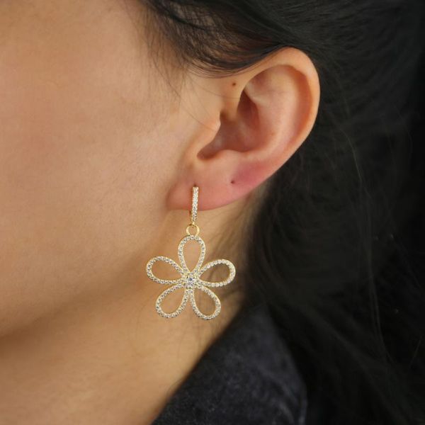 

dangle & chandelier 2021 gold color plated hollow flower charm earring white cz paved trendy fashion european jewelry for women girl, Silver