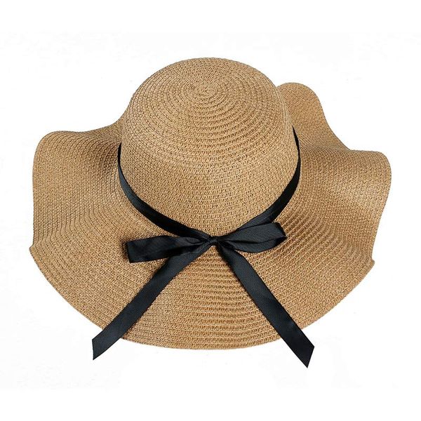 

women's wide brim straw hats trip summer beach hat ribbon bow sun hat size 58cm packable, Blue;gray