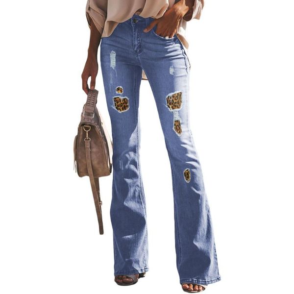 

women's jeans fashion solid wide leg denim casual hole high waist pants bulift trousers, Blue