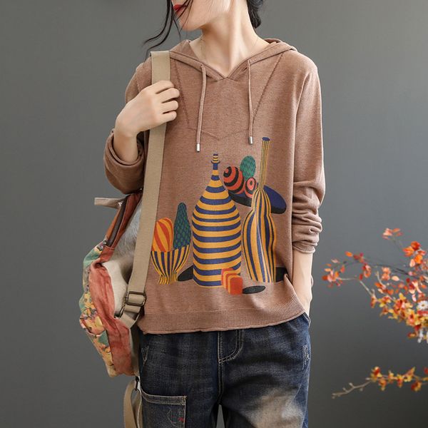 

women's autumn retro loose pullovers clothing knitted cotton printed drawstring hooded knitwear sweaters female solid color, White;black