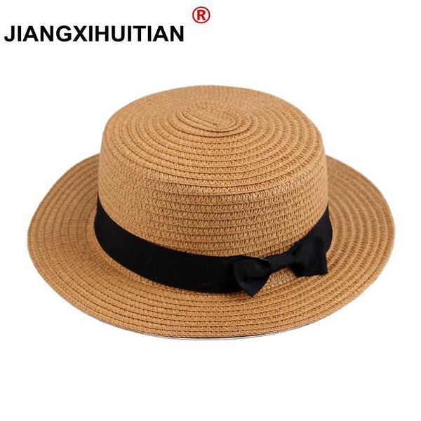 

wide brim hats wholesale summer women straw hat parent-child sun kids large beach caps boater ribbon round flat fedora, Blue;gray