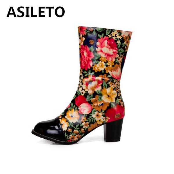 

boots asileto winter women mid-calf round toe chunky heels pu zipper flower festive big size 34-48 black red yellow casual s2021