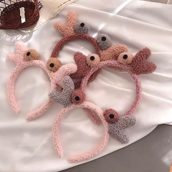 

fleece antler headbands face washing soft plush christmas 3d elk makeup elastic hair band for girls hair accessories, Slivery;white
