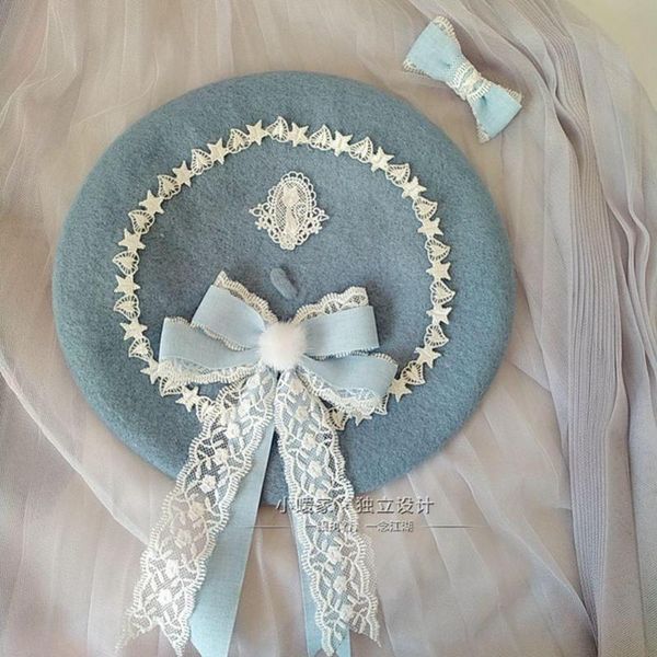 

cute bowknot wool beret women lolita hat, Blue;gray