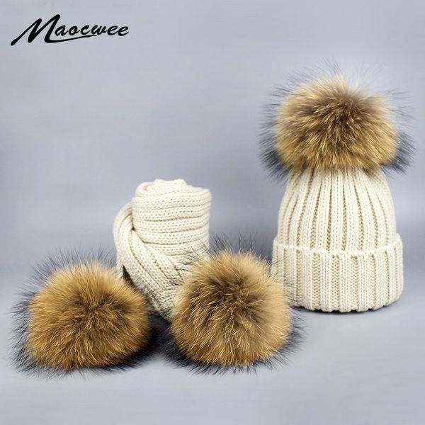 

beanie/skull caps knitted scarf and hat set for children woman luxury winter warm crochet cap scarves with real fur pompom beanie skullies, Blue;gray