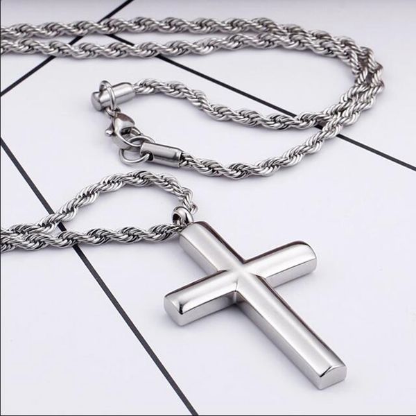 

punk twist rope chain cross pendant men women polished 55cm/60cm stainless steel gold silver color cross necklace male jewelry