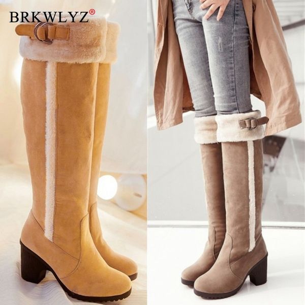 

women boots over plush round toe leather booties over-the-knee 2020, Black