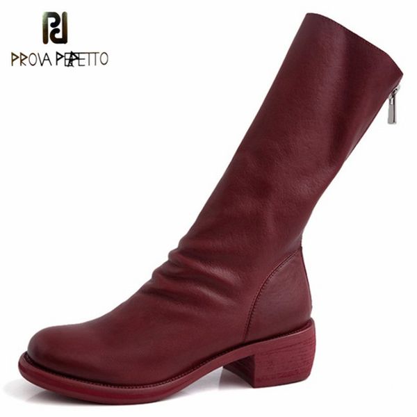 

prova perfetto square heel botas de mujer retro mid heel genuine leather zapatos de mujer zipper-sid short women, Black