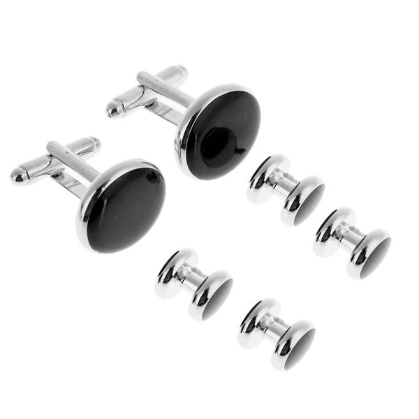 

6 pcs men fashion formal costume shirt black round cufflinks and studs set, Silver