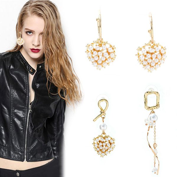 

rhinestone earrings imitation pearl heat shape asymmetric long tassel women earrings cx17, Silver