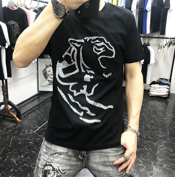 

men's short sleeve t-shirt fashion brand men's double mercerized cotton sequins embroidered tiger head blue half sleeve t-shirt, White;black