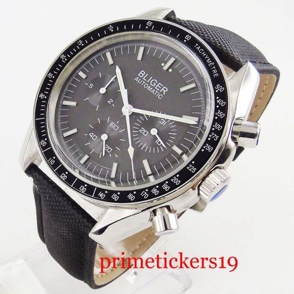 

luxury new 40mm bliger men's watch gray dial with week & date indicator function automatic movement leather strap arched glass, Slivery;brown