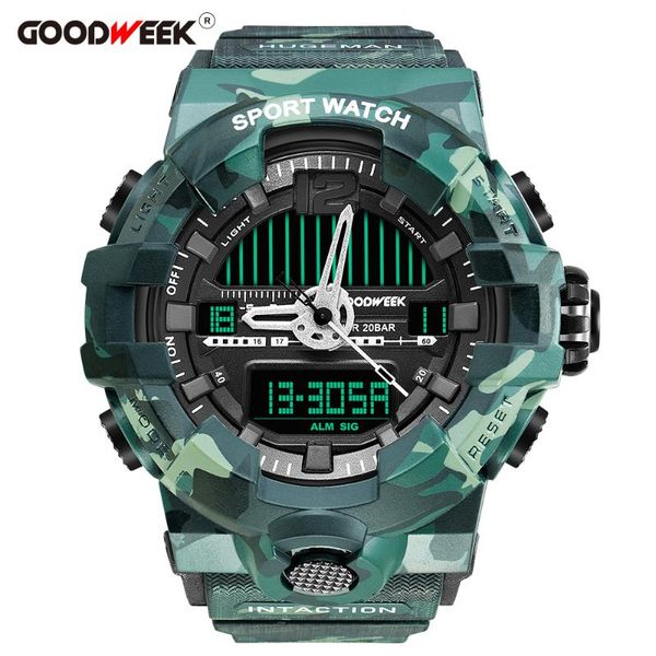 

goodweek army sport watch men digital waterproof resitant quartz watches chronograph dual display watches reloj, Slivery;brown