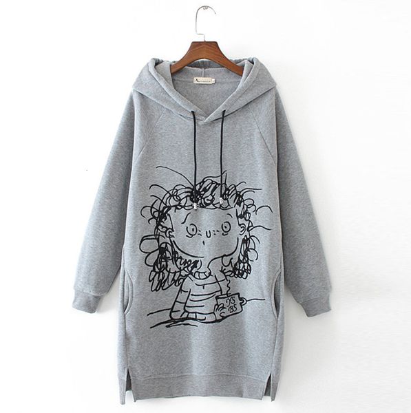 

women long hoodie sweatshirt pullover cartoon print long sleeve splited pockets sweatshirt hoody pullovers dress sudadera mujer, Black