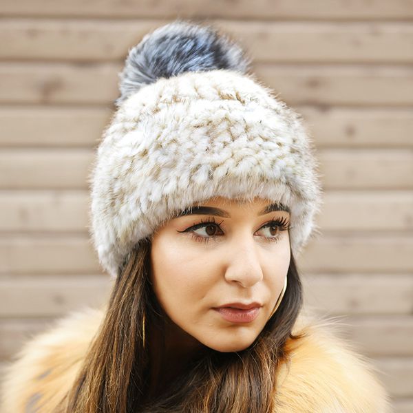 

cx-c-239a natural color knitted beanie hats with pom, Blue;gray