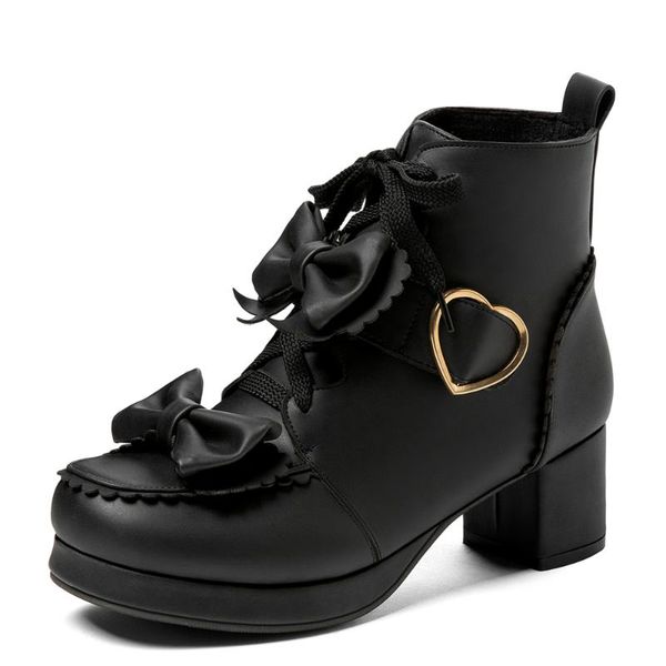 

boots oversized double bow knot heart-shaped metal decoration lolita women's shoes thick heel lace-up breathable short, Black