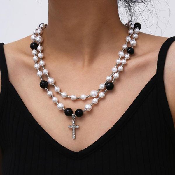 

vintage imitation pearls cross pendant necklace multi layer crystal elegant neck collar jewelry party wedding necklace, Silver