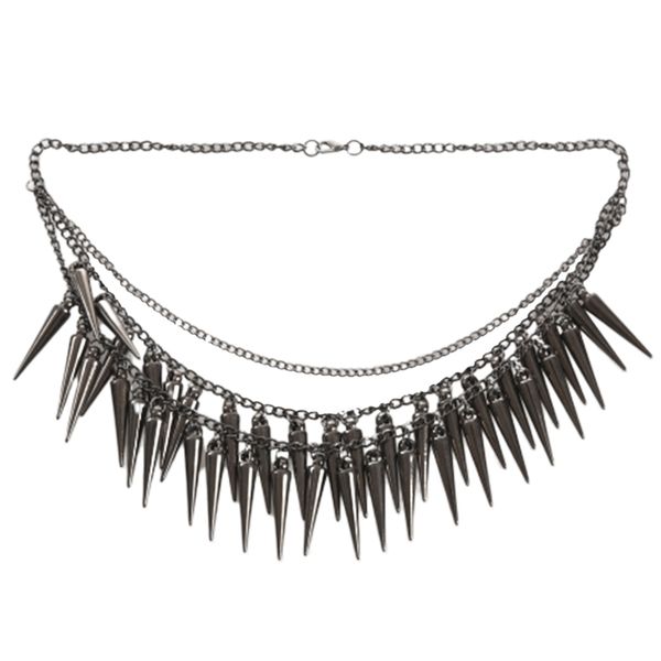 

punk black dangle spike rivet tassels multilayer chain necklace, Silver