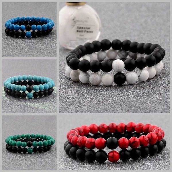 

2 distance bracelets for lovers couples matching gift matte bead stone, Red;blue