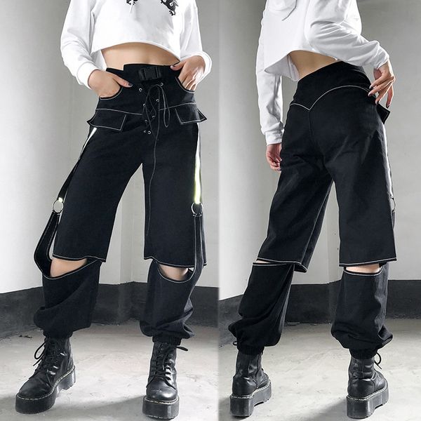 

women's pants button slim punk harem pant trousers casual hole streetwear harajuku female joggers, Black;white