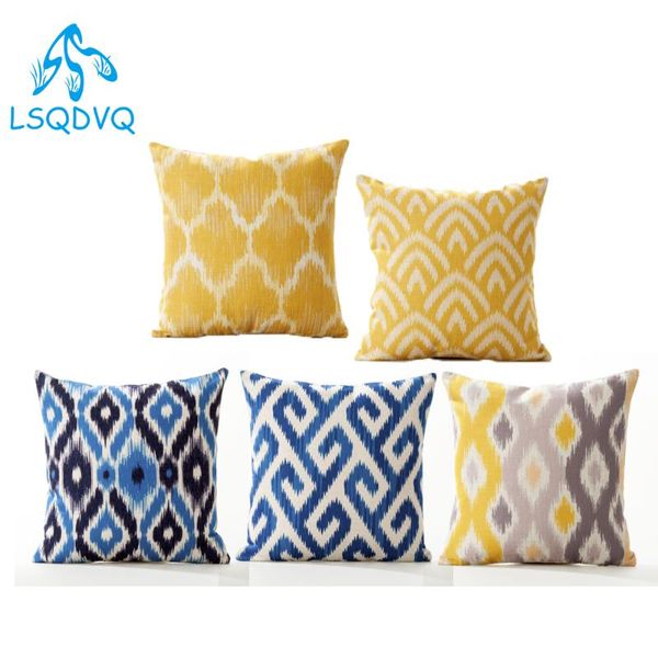 

decorative throw pillows case geometric blue yellow stripe cotton linen sofa cushion cover for home living room decoration
