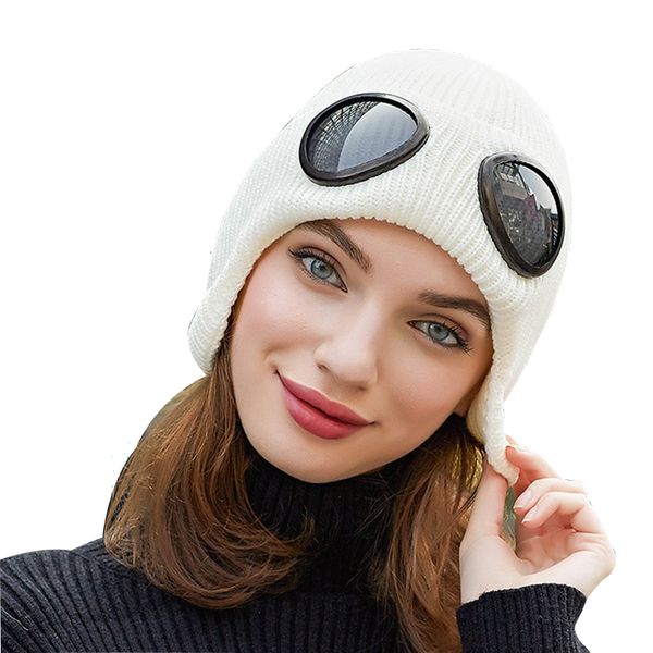 

windproof glasses winter hat for women knitted hat girl mask thick balaclava earflap wool bonnet male skullies beanies hats cap, Blue;gray