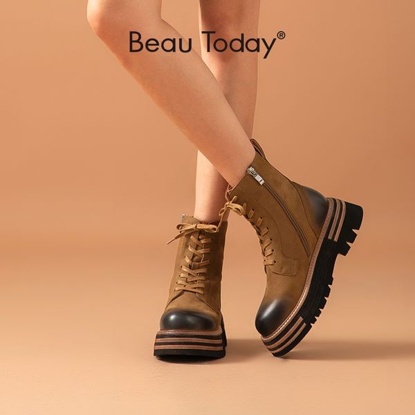 

boots beautoday women ankle genuine cow leather retro round toe lace up ladies zip platform shoes handmade 03487, Black