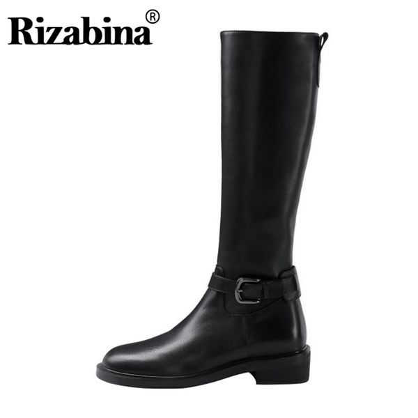 

boots rizabina 2021 real leather long women knee high solid color side zipper winter warm footwear size 33-44, Black